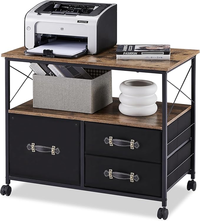 VECELO 3 Drawer Lateral File Cabinet Rolling Printer Stand with Open Storage Shelf, Fits A4 Or Letter Size, with Lockable Casters, Leather Handle, Ideal for Small Spaces, Brown+Black