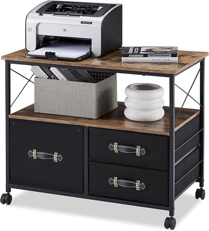 VECELO 3 Drawer Lateral File Cabinet Rolling Printer Stand with Open Storage Shelf, Fits A4 Or Letter Size, with Lockable Casters, Leather Handle, Ideal for Small Spaces, Brown+Black