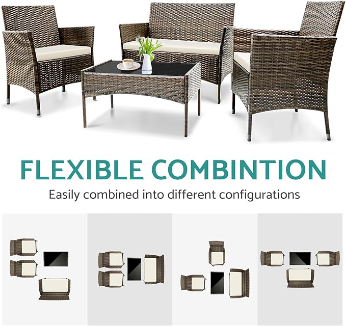Patio Furniture, 4 Piece Conversation Set, Outdoor Wicker Rattan Table and Chairs, Sectional Sofa with Thick Cushion for Garden, Yard, or Porch, Brown