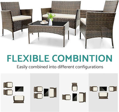 Patio Furniture, 4 Piece Conversation Set, Outdoor Wicker Rattan Table and Chairs, Sectional Sofa with Thick Cushion for Garden, Yard, or Porch, Brown