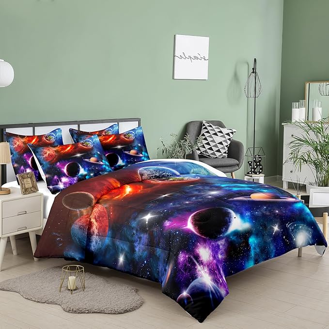NINENINE Space Bedding Sets Queen Size for Girls Purple Galaxy Comforter Outer Space Earth Planets Stars Theme Solar Galaxy Bedding System Bed Set with 1 Space Comforter 2 Pillowcases