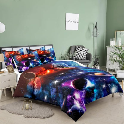 NINENINE Space Bedding Sets Queen Size for Girls Purple Galaxy Comforter Outer Space Earth Planets Stars Theme Solar Galaxy Bedding System Bed Set with 1 Space Comforter 2 Pillowcases