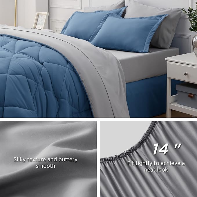 Bedsure Blue California King Comforter Set - 7 Pieces Reversible Bed Set Bed in a Bag California King with Comforters, Sheets, Pillowcases & Shams, California King Bedding Sets