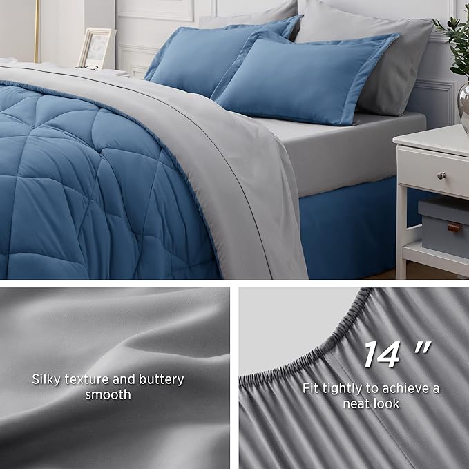 Bedsure Blue Bed Set King - 7 Pieces Reversible Blue Comforter Set King, Blue Bedding Set King with Comforters, Sheets, Pillowcases & Shams, King Size Blue Bed in a Bag