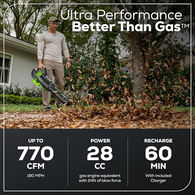 Greenworks 80V 770 CFM Cordless Leaf Blower, 4.0Ah Battery and Rapid Charger
