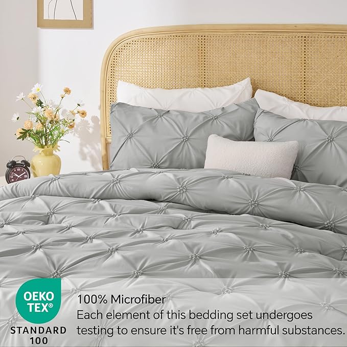 BEDELITE Grey King Size Comforter Set - 3 Pieces Boho Pintuck Bedding Comforter Sets, Lightweight Soft & Warm King Bedding Set with 2 Pillowcases for All Season