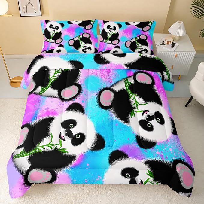 Panda Comforter Queen Size,Neon Panda Comforter Set for Kids Teens Girls Boys,3Pcs Bedding Set Printed Comforter with 2 Pillowcases,Down Alternative,Soft and Lightweight，Queen Size