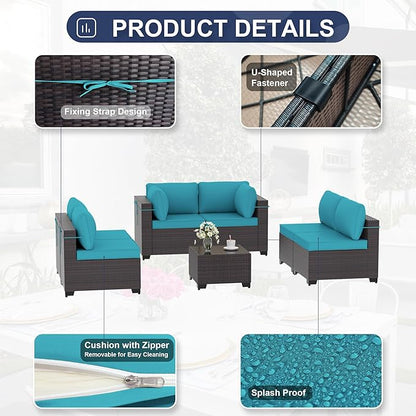 Outdoor Furniture Set 7PCS Patio Furniture for Backyard Wicker Sectional Sofa Set 6 Seats, PE Rattan Outdoor Conversation Set with Thickened Cushions and Glass Coffee Table, Blue