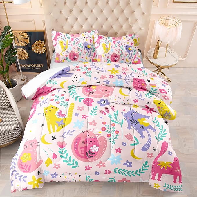 Floral Cat Comforter Full Size,Pink Cat Comforter Set for Kids Teens Girls,3Pcs Bedding Set Printed Comforter with 2 Pillowcases,Down Alternative,Soft and Lightweight(Pink，Full Size)