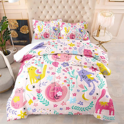 Floral Cat Comforter Full Size,Pink Cat Comforter Set for Kids Teens Girls,3Pcs Bedding Set Printed Comforter with 2 Pillowcases,Down Alternative,Soft and Lightweight(Pink，Full Size)