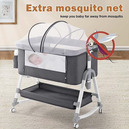 4 in 1 Baby Bassinet, Rocking Bassinets Bedside Sleeper with Comfy Mattress and Wheels, Height Adjustable Easy Folding Portable Bedside Crib for Newborn Infant,Dark Gray