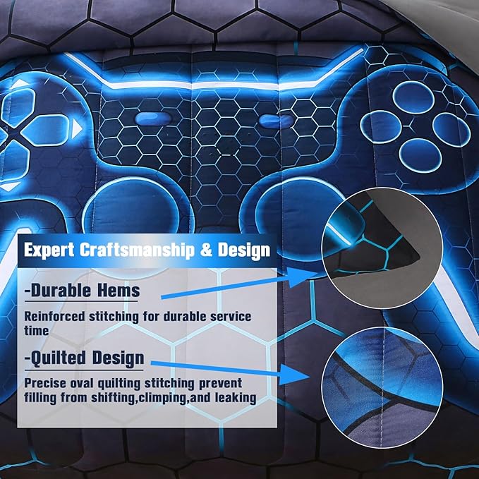 JQinHome Full Gamer Comforter Set,6 Piece Bed in A Bag 3D Video Game Bedding -All Season Down Alternative Gamer Bedding Sets - (Blue Game Controller)