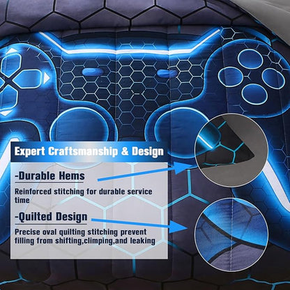 JQinHome Queen Gamer Comforter Set,6 Piece Bed in A Bag 3D Video Game Bedding -All Season Down Alternative Gamer Bedding Sets - (Blue Game Controller)