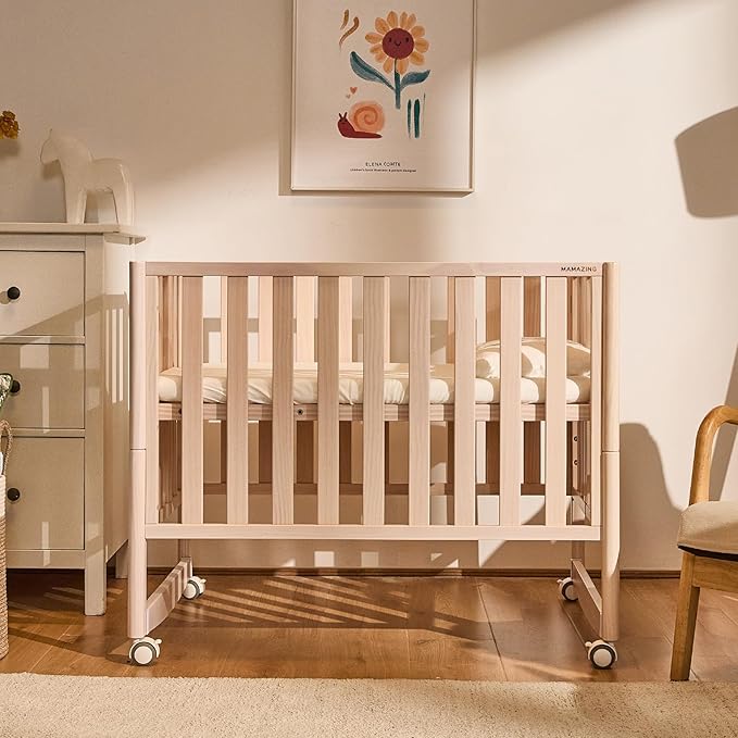EvoNook 7-in-1 Convertible Mini Crib - Washed White, Portable Folding Baby Mini Crib with 1.5 Inch Mattress, 100% New Zealand Pinewood, 4 Adjustable Mattress Heights