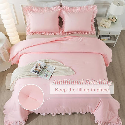 Andency Pink Comforter Set Queen Size, 3 Pieces Solid Pink Ruffle Shabby Chic Comforter Set for Queen Bed, All Season Vintage Rustic Soft Microfiber Bedding Set for Women Girls