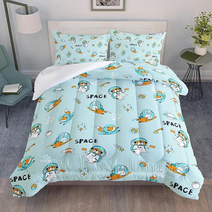 Kawaii Dog Rabbit Fox Comforter Set 3 Pieces Universe Galaxy Outer Space Bedding Set Astronaut Rocket Bed Quilt Set for Girls Boys Kids Blue