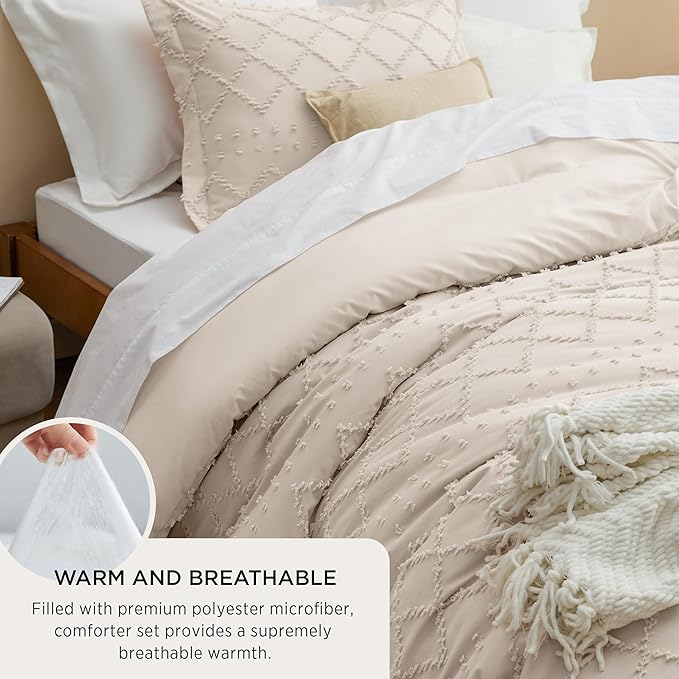 Bedsure California King Comforter Set - Beige Comforter, Boho Tufted Shabby Chic Bedding Comforter Set, 3 Pieces Vintage Farmhouse Bed Set for All Seasons, Fluffy Bedding Set with 2 Pillow Shams
