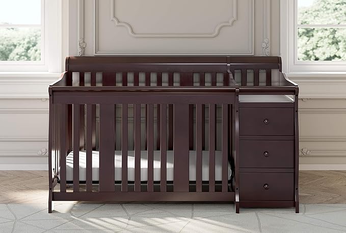 Storkcraft Portofino 5-in-1 Convertible Crib and Changer (Espresso) – Crib and Changing -Table Combo with 3 Drawers, Includes Baby Changing Pad, Converts to Full-Size Bed