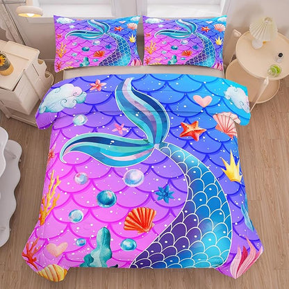NINENINE Mermaid Tail Bedding Sets for Teens Girls,Purple Princess Comforter Sets Girls,Blue Glitter Bedding Sets,Sparkly Fish Scales Comforter Sets with 1 Comforter 2Pillowcases