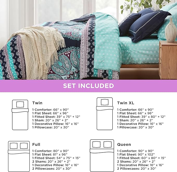 Degrees of Comfort Full Size Comforter Sets with Sheets, Blue Boho Mandala Teenage Girl Bedding, Bohemian Bed in A Bag, Microfiber Bed Set 8 Piece, Matching Decorative Pillow, Navy