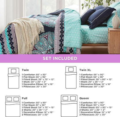 Degrees of Comfort Full Size Comforter Sets with Sheets, Blue Boho Mandala Teenage Girl Bedding, Bohemian Bed in A Bag, Microfiber Bed Set 8 Piece, Matching Decorative Pillow, Navy