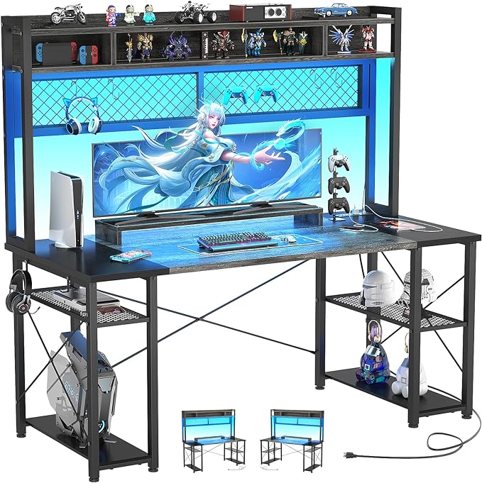 armocity 2024 Upgrade Gaming Desk with Hutch, 55.2'' Magic Computer Desk with LED and Outlets, Reversible Workstation Desk with Pegboard, Grey/Black