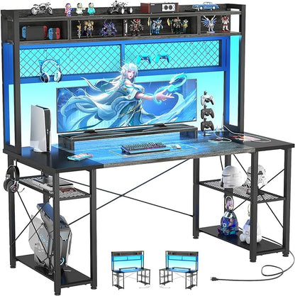 armocity 2024 Upgrade Gaming Desk with Hutch, 55.2'' Magic Computer Desk with LED and Outlets, Reversible Workstation Desk with Pegboard, Grey/Black