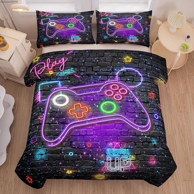 NINENINE Gaming Comforter Gamer Bedding Sets for Boys,6PCS Full Size Bedding Sets for Boys,Bed in A Bag Gamer Comforter Sets(1Comforter,1Flat Sheet,1Fitted Sheet,1Cushion Cover,2Pillowcases)…