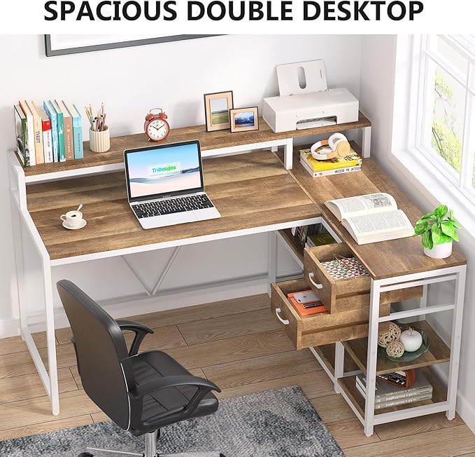 Reversible L-Shaped Computer Desk with hutch & Shelf,white