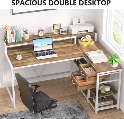 Reversible L-Shaped Computer Desk with hutch & Shelf,white