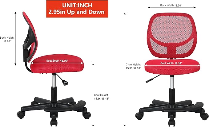 Amazon Basics Kids Adjustable Mesh Low-Back Swivel Study Desk Chair with Footrest, Red