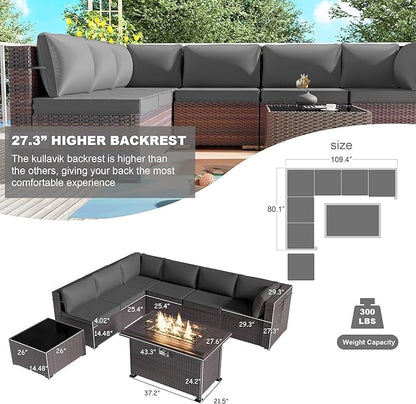 Kullavik 8 Pieces Outdoor Patio Furniture Set with 43" Gas Propane Fire Pit Table PE Wicker Rattan Sectional Sofa Patio Conversation Sets,Grey