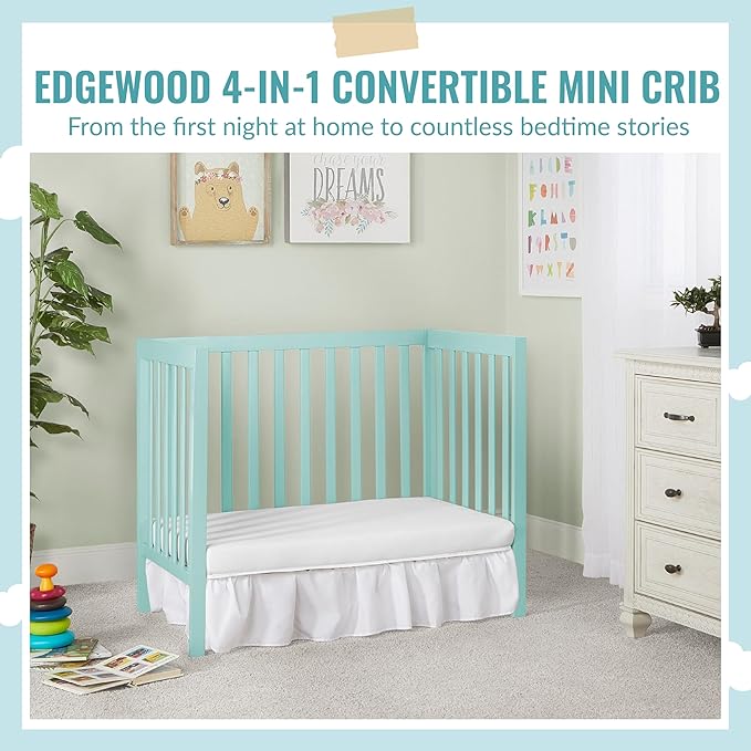 Edgewood 4-In-1 Convertible Mini Crib In Mint, JPMA Certified, Non-Toxic Finish, New Zealand Pinewood, With 3 Mattress Height Settings, Included 1" Mattress Pad
