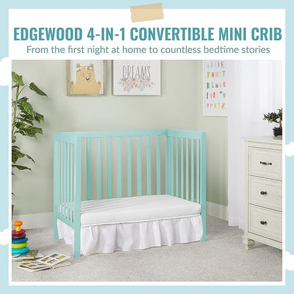Edgewood 4-In-1 Convertible Mini Crib In Mint, JPMA Certified, Non-Toxic Finish, New Zealand Pinewood, With 3 Mattress Height Settings, Included 1" Mattress Pad