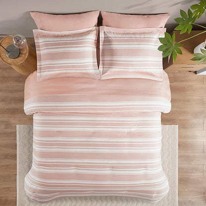 Codi Bed in a Bag Twin Size Complete Set, Pink and White Striped Single Comforter Set 5 Piece for Teen Girls, Modern Neutral Cationic Dyeing Bed Sets with Comforter, Sheets, Pillowcases & Shams
