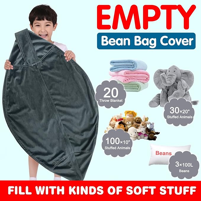 Lukeight Stuffed Animal Storage Bean Bag Chair Cover for Kids, Zipper Beanbag Chair Cover for Organizing Toddler & Kids' Rooms Plush Toys (Dark Gray Velvet, XX-Large)