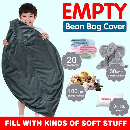 Lukeight Stuffed Animal Storage Bean Bag Chair Cover for Kids, Zipper Beanbag Chair Cover for Organizing Toddler & Kids' Rooms Plush Toys (Dark Gray Velvet, XX-Large)