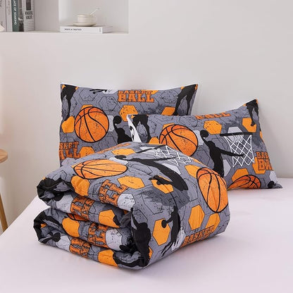 Btargot 3 Piece Grey Geometric Basketball Comforter Set Twin for Boys Teens, 3D Sports Bedding,Soft Microfiber Reversible Quilt with 2 Matching Pillow Shams, Yellow