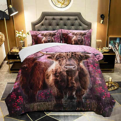 Cow Print Comforter Set Queen Size Cherry Blossoms Cow Bedding Set Farmhouse Animals Quilt Bed Set with 1 Comforter and 2 Pillowcases