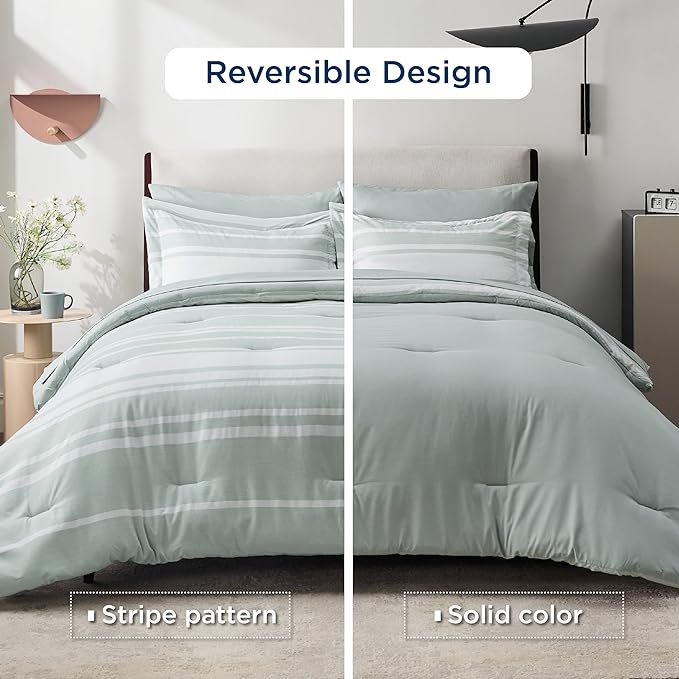 Bedsure Bed in a Bag Full Size 7 Pieces, Sage Green White Striped Bedding Comforter Sets All Season Bed Set, 2 Pillow Shams, Flat Sheet, Fitted Sheet and 2 Pillowcases