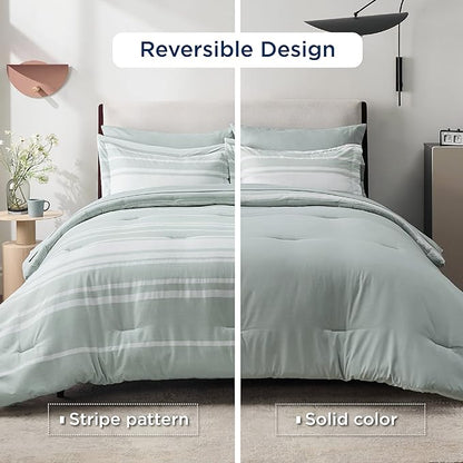 Bedsure Bed in a Bag Full Size 7 Pieces, Sage Green White Striped Bedding Comforter Sets All Season Bed Set, 2 Pillow Shams, Flat Sheet, Fitted Sheet and 2 Pillowcases