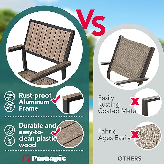 Pamapic 8-Piece Patio Dining Set，Outdoor Aluminum Furniture Set with Plastic-Wood Table Top,Outdoor Furniture Set with 6 Outdoor Stackable Chairs for Patio Garden Poolside (Black)