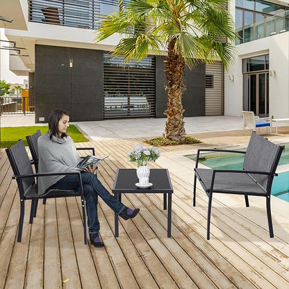 4 Pieces Patio Furniture Set Outdoor Garden Patio Conversation Sets Poolside Lawn Chairs with Tempered Glass Coffee Table Loveseat Porch Furniture Textilene Fabric Grey