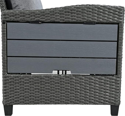 5 Piece Outdoor Furniture Patio Conversation with Dining Table&Bench, Sectional PE Wicker L-Shaped Sofa w/2 Extendable SideTable&Cushions&Washable Covers, Garden Rattan Couch, Gray