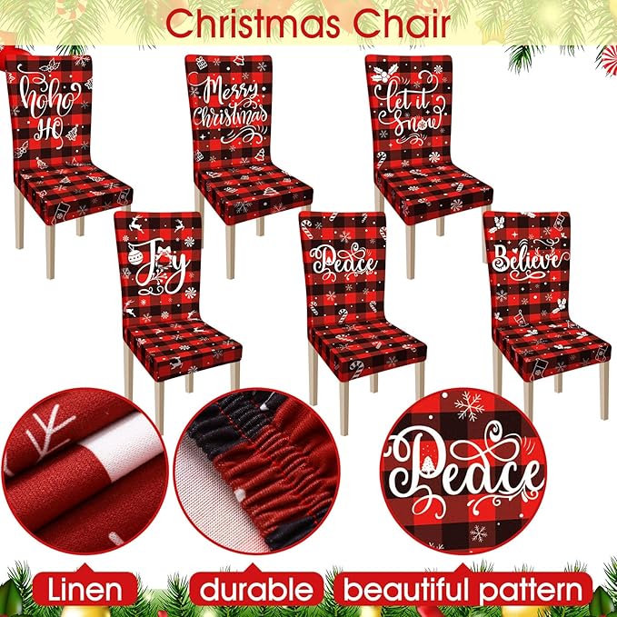 Ganeen 6 Pcs Christmas Chair Covers Merry Christmas Chair Back Cover Stretch Christmas Seat Cover Washable Xmas Dining Chair Protector Slipcover for Dining Room Kitchen Holiday Party(Plaid Style)