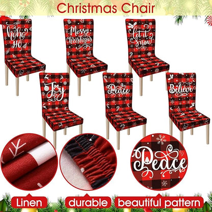 Ganeen 6 Pcs Christmas Chair Covers Merry Christmas Chair Back Cover Stretch Christmas Seat Cover Washable Xmas Dining Chair Protector Slipcover for Dining Room Kitchen Holiday Party(Plaid Style)