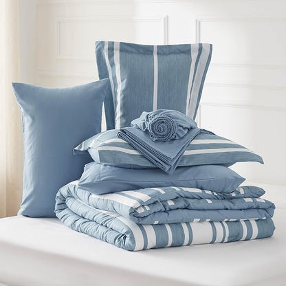 Bedsure Full Size Bed Sets 7 Pieces - Blue Striped Beddubg All Season Comforter Set, Bed in a Bag with 1 Comforter, 2 Sheets, 2 Pillowcases & 2 Shams