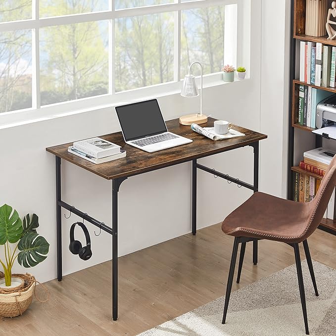 VECELO 44" Computer Writing Desk for Home Office, Study Table Workstation for Small Spaces with 6 Hooks & Adjustable Legs, Metal Frame,Brown, 44Inches