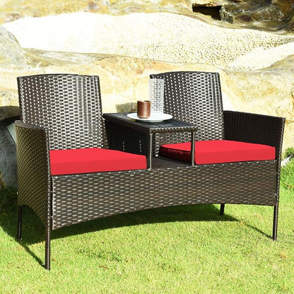 LUARANE Outdoor Rattan Sofas, Contract Patio Conversation Set Wicker Sofa Set with Built-in Coffee Table, Patio Furniture Set with Cushions, Rattan Loveseat for Lawn Backyard Garden (Brown+Red)