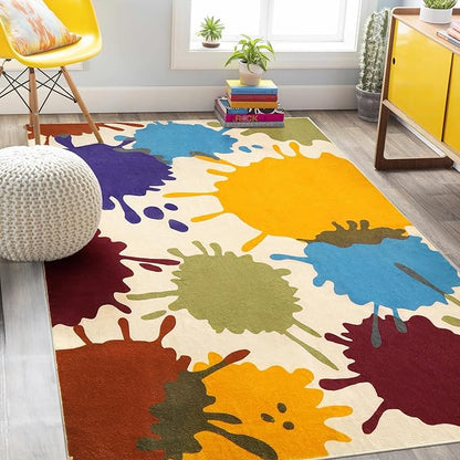 Colorful Area Rug, 5'x7' Classroom Rug for Kids, Paint Splash Washable Rug for Playroom, Non-Slip Rainbow Nursery Rug Soft Living Room Carpet for Bedroom Dining Room Kids Room